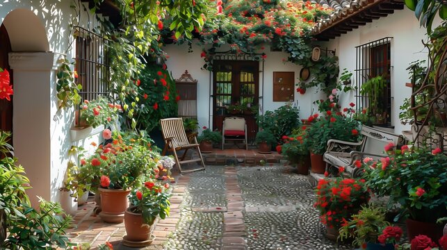A wooden chair in a traditional Spanish courtyard