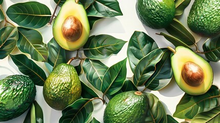 A background with avocado fruits and leaves - obrazy, fototapety, plakaty
