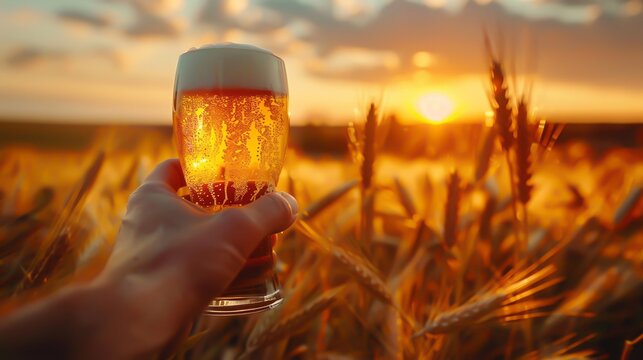 A hand holds a pint of beer against the background of a field