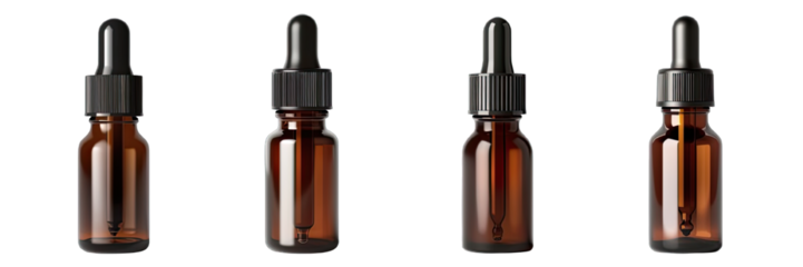 Collection of PNG. A Dark Brown Translucent Dropper Bottle Isolated on a Transparent Background.