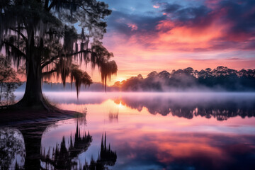 Tranquil Morning Serenity: Captivating Lake Scene. Sunrise over lake. Generative AI
