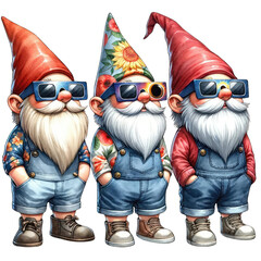 Three gnomes are watching the solar eclipse, transparent background.