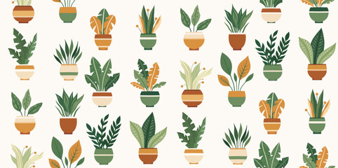 Vector pattern with geometric flat hand drawn house plants in various pots. Texture with greenery in vases. Surface design with flowerpots for wrapping paper, wallpaper.