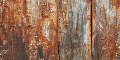 Rustic weathered wooden plank texture with peeling red paint, ideal for backgrounds and vintage designs.