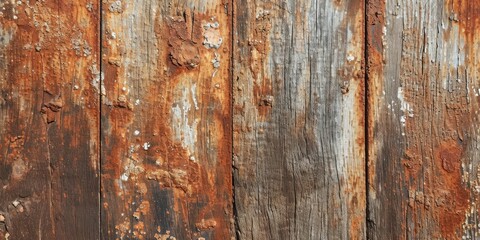 Naklejka premium Rustic weathered wooden plank texture with peeling red paint, ideal for backgrounds and vintage designs.