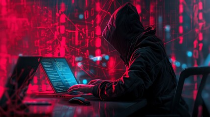 Dark hooded man. Hacker steal information. Cyber security. - obrazy, fototapety, plakaty