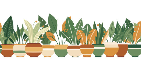 Vector seamless horizontal border with home flowers in pots isolated from background. Gardening frieze of plants for frames and brushes. - 770471564