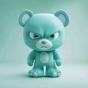Cute turquoise teddy bear character with frowning eyes and mouth, simple facial features, 3