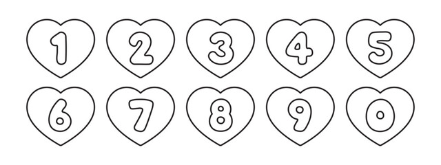 Vector illustration of heart-shaped numbers outlined in black for a coloring page for kids, from zero to nine. - obrazy, fototapety, plakaty