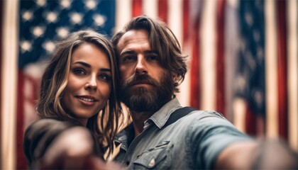 Selfie of a woman and a man against the background of the USA flag. Happy and festive atmosphere