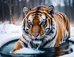 siberian tiger taking a bath in a creek. winter landscape. generative ai - obrazy, fototapety, plakaty