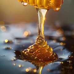 Honey Dipper Drizzling Golden Honey Splash
 - obrazy, fototapety, plakaty