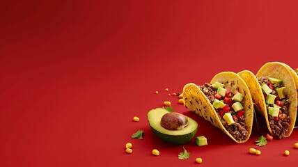Tacos, Mexican, Savory, Beef, Avocado, Fiesta Red background 