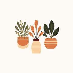 Vector cozy illustration of geometric home plants in clay pots in flat style. Composition of flowerpots in gentle beige colors. Greenery in vases. Home hobby and flower shop. - 770472932