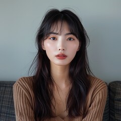 Korean girl, Full face, Wearing minimalist style clothes, Standard front looking at camera, Long hair, Sofa, Short bangs, Hairstyle, Grey background,  - obrazy, fototapety, plakaty
