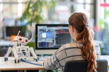Female Student Utilizing Computer and Mini Robot at Workspace