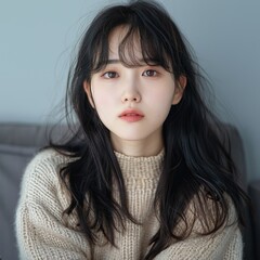 Korean girl, Full face, Wearing minimalist style clothes, Standard front looking at camera, Long hair, Sofa, Short bangs, Hairstyle, Grey background, Closeup