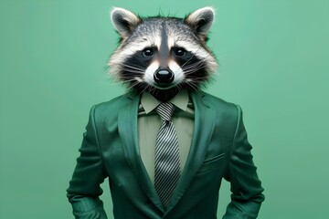Mysterious Raccoon Dressed in Formal Suit and Tie Posing for Candid Portrait in Vibrant Surroundings