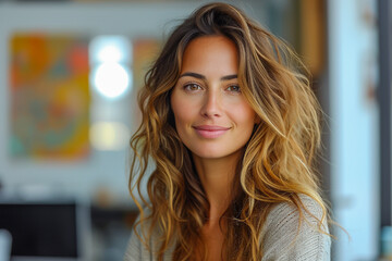 Beautiful brunette business woman in her 40s looking at the camera with strong facial expression