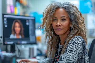 Afro-american grey haired woman in  her 50s looking to camera while having a business video call
