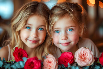 Two young female kids on the Valentines Day as love beetween friends and friendship