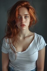 Naklejka premium Modeling photography of a woman with a red hair, blue eyes, white t-shirt, full body, simple shot, photorealistic, on a dark background, 3
