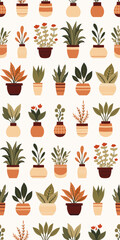 Vector pattern with flat hand drawn house plants in various pots in beige colors. Surface design with flowerpots. Texture with greenery in vases for wrapping paper, wallpaper. - 770473534