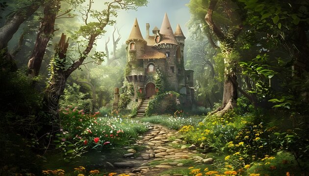 Fairy tale castle in an enchanted forest