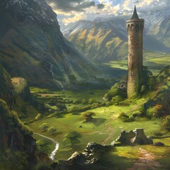 Fantasy landscape with a mage tower - obrazy, fototapety, plakaty