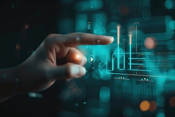 Finger touching a virtual dark screen with graphics