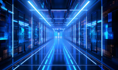 Futuristic server room with glowing lights on blue background 3D rendering