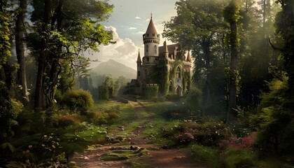 Fairy tale castle in an enchanted forest - obrazy, fototapety, plakaty