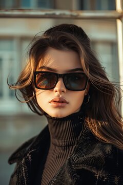 sunglasses on a model with dark hair, natural, street style background, editorial magazine photo, 