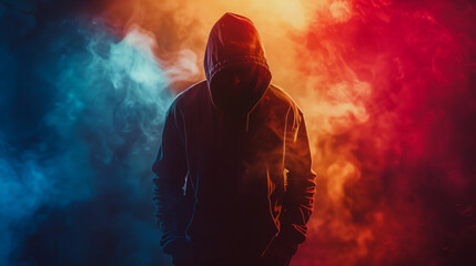 A man in a hoodie stands in front of a colorful background with smoke. The image has a mysterious and edgy mood, with the hoodie and smoke adding to the sense of anonymity and darkness