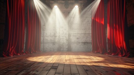 Empty stage with red curtains, spotlight, and wooden floor, suitable for performance and presentation backgrounds.