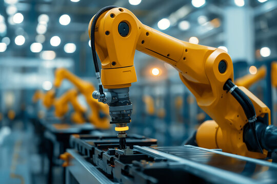 Industrial robot arm working on assembly line in factory. Smart industry 4.0 concept.