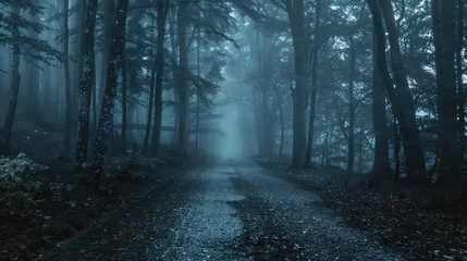 Foto op Canvas Dark empty scene, night landscape, gloomy forest, nature scene with forest and moonlight, night view of the forest, fog, smog, smoke, street asphalt floor, mystical magic theme © Khalif