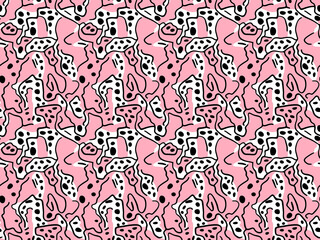 Flat abstract doodle background, pink, white, black color. Monochrome image, white background - obrazy, fototapety, plakaty