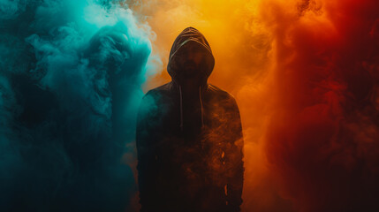 A man is standing in a cloud of smoke, with a hood pulled over his head. The smoke is blue, red, and yellow, creating a surreal and mysterious atmosphere