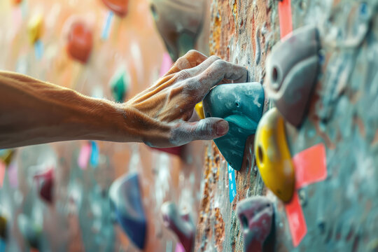 Close up of a mans hand gripping onto a climbing wall hold