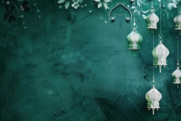 dark green floral wallpaper desktop with white mosque and small islamic lantern floating on top