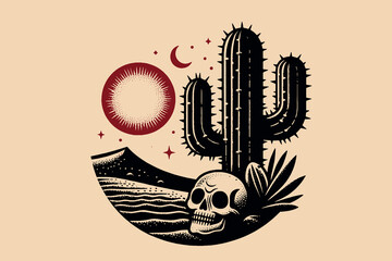 Skull on the sand under a cactus in the desert. Vintage retro engraving illustration. Black icon, isolated element  © Victoria