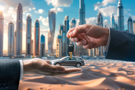 A hand with a car on palm offers a key with a vast desert and cityscape in the background