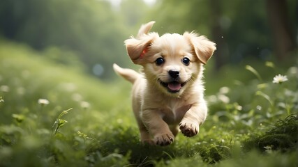 A tiny puppy with floppy ears is rushing across a verdant landscape with joy.