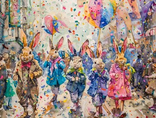 Easter parade in Bunnytown, vibrant watercolors, wide angle, confetti-filled air