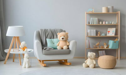 Children's room interior with armchair and teddy bears. 3d rendering