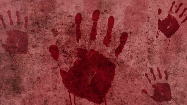 Horror Red Handprints on a Gruch Background. Blood on hand dripping 