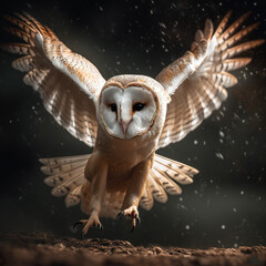 Owl's feathers mottled brown color, its eyes deep orange. Background dark brown.