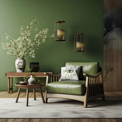 Wandcirkels tuinposter Living room with green wall and sofa, 3d rendering. Computer digital drawing © Ilham