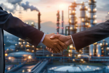 A partnership solidified with a handshake, industrial structures and pipes create a busy backdrop